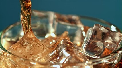 Wall Mural - Cola is poured into a glass with ice. Filmed is slow motion 1000 fps. High quality FullHD footage