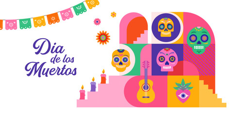 Wall Mural - Dia de los muertos, Day of the dead, Mexican holiday, festival. Vector poster, banner and card in modern geometrical style, with skulls, church, guitar and flowers