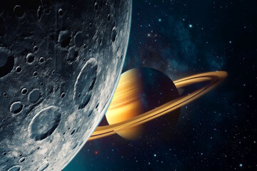 Wall Mural - moon, surface and saturn view in space, universe and galaxy for science research, astrology and plan