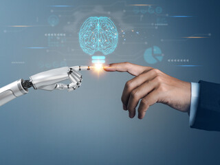 ai artificial intelligence brain, robot hand and human hand, businessman touching creative brain lig