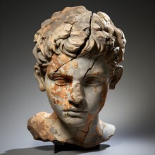 Antique Broken Marble Head Of A Greek Youth From Hellenistic Period In Isolated Background


