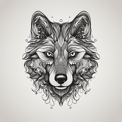 Wall Mural - A very simple black and white tattoo design style line drawing illustration of a wolf head with generative AI technology