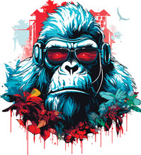 Gorilla Head With Red Eyes Multicolor Drawing, T-shirt Design Vector Illustration