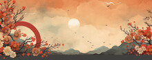 Background For Chinese August Moon Festival With Flowers And Copy Space