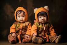 Cute Chubby Twins Sisters Girls Toddlers In Cute Animal Costume Clothes, With Dark Orange And Green Background And Studio Settings, Professional Photography, Generative Ai