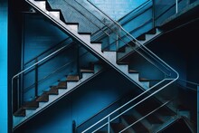 Steel Stairs Over Blue Wall Background. Generative AI
