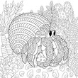 Hermit crab coloring page. Outline sea design in mandala and zentangle style