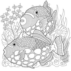 Wall Mural - Triggerfish coloring page. Outline sea design in mandala and zentangle style