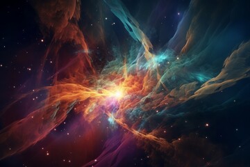 Wall Mural - background with space, Colorful Nebula with Light Particles, Soft Edges, and Atmospheric Effects, Infused with Stimwave and Celestialpunk Vibes