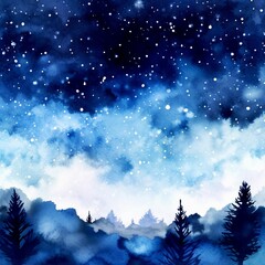 Wall Mural - Watercolor night sky wallpaper with starry sky. nature and forest background with dark blue color.