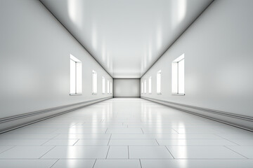 Wall Mural - A long empty room with windows and a tiled floor. Generative AI.