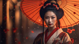 A serene Japanese woman in traditional attire, emanating tranquility and peace. AI generated