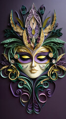 Wall Mural - A paper mask with green, purple, and gold decorations. Generative AI.