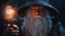 Old Wizard With Magic Wand. Generative Ai