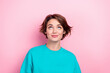 © deagreez - Photo portrait of attractive young woman look up empty space dressed stylish blue clothes isolated on pink color background