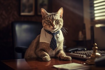 Wall Mural - Cat in an office suit is sitting at a desk in the office. Cat manager accountant