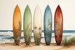 4 Planches de surf vintage plantés dans le sable avec la mer en arriere plan, illustration, IA, génératif