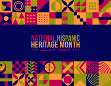 National Hispanic Heritage Month Abstract Background. September 15 To October 15 Awareness Celebration Colorful Typography Poster. Horizontal Website Banner Vector Illustration. Neo Geometric Concept