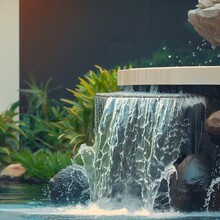 Outdoor Home Modern Water Feature Fountain Waterfall As Wide Banner With Copy Space Area For Garden Landscape Design Concepts