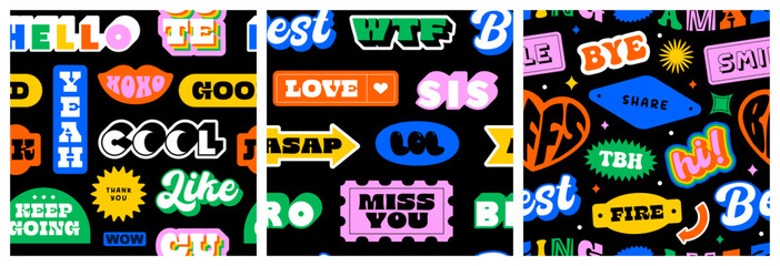 funny retro text quote sticker seamless pattern set. colorful vintage style typography sign backgrou