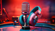 © hassanmim2021 - Retro style microphone and headphones on background. Generative Ai