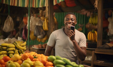 African Street Vendor Using His Phone In His Vegetable Stall.