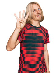 Poster - Caucasian man with blond long hair wearing casual striped t shirt showing and pointing up with fingers number four while smiling confident and happy.