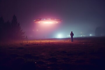 Man standing with a flying saucer above his head, looking up at an alien hovering over him. Generative ai.