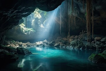 Paradise landscape of a beautiful lake in a cavern with sun rays. Travel and vacations concept background. Generative AI.