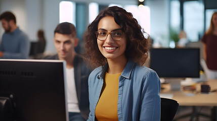 Female developer, young woman, professional programmer or designer working at office, sitting at desk, smiling, wearing glasses, looking at camera, photo portrait created with generative AI