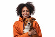 © VK Studio - Smiling pretty mixed race girl with afro hair hugs dog. Pets cosmetics advertisement. Generative AI
