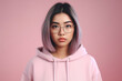 © VK Studio - Modern pretty asian young teen girl with colored hairs in spectacles on pink backdrop. Generative AI