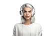 © VK Studio - Young blond girl in headphones listen to music looking at camera on white background. Generative AI