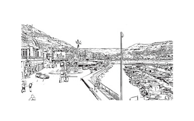 Building view with landmark of Puerto Rico de Gran Canaria is a holiday resort Spanish island in Gran Canaria. Hand drawn sketch illustration in vector.