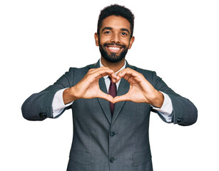 Poster - Young african american man wearing business clothes smiling in love doing heart symbol shape with hands. romantic concept.