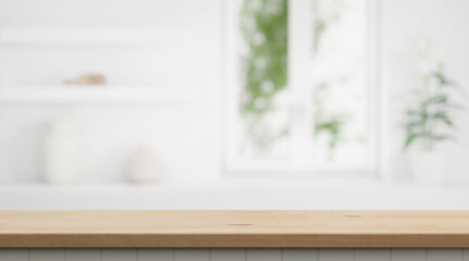 Fototapete - Empty modern coffee kitchen table countertop platform and blurry soft light window and cozy home interior background for product and biseness presentations. place for design and productoin placement