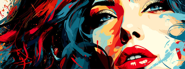 Expressive material vector banners, featuring strong, militant female faces. Harmonized with abstract backgrounds. Ample text space. Ideal for web use.