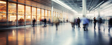 People Traveling Motion Blur. Walking Through Air Port. Copy Space For Text