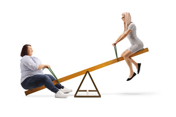 Wall Mural - Corpulent woman playing on a seesaw with a slim woman