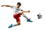 Fototapeta Sport - children soccer player in action isolated white background