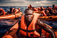African Immigrants In A Small Boat In The Middle Of The Ocean