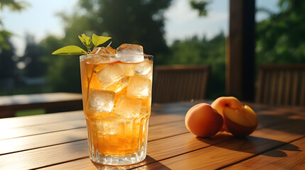 Wall Mural - Refreshing summer cocktail with ice and peaches on wooden table outdoors