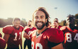 © Malchevska Studio - Smiling american football players standing together on a sports field outside during a team practice. Generative AI