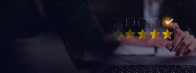 hand point at five star rate background or banner, review or feedback. Concept of online reviewing, satisfaction, customer review, best quality, good service. Excellent work advertisement commercial