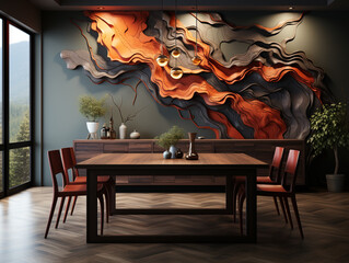 Wall Mural - A beautiful dining table with a dining room wall mural featuring abstract designs. Wall mural style organic form and dynamic with basic colors of gray and orange.