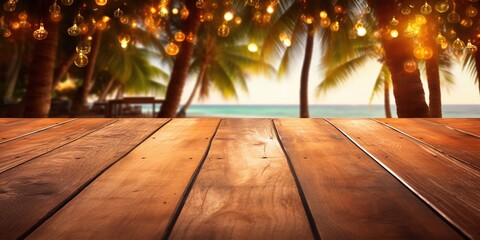 Wall Mural - Generative AI, Tropical summer sunset beach bar background. Wooden table top product display showcase empty stage..