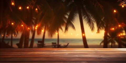 Wall Mural - Generative AI, Tropical summer sunset beach bar background. Wooden table top product display showcase empty stage..