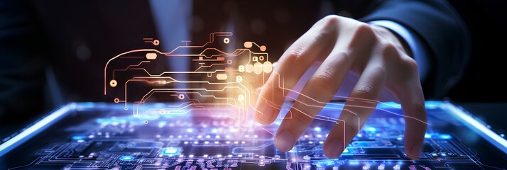 Businessman touching circuit working of Artificial Intelligence (AI) The futuristic business and coding software development on interface and synchronize network connection. generative AI