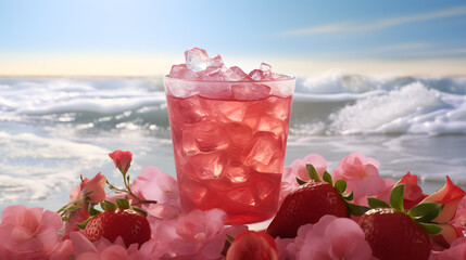 Wall Mural - Refreshing summer drink with strawberries, lime and mint on the beach