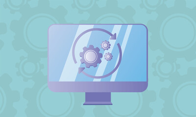 Loading process in computer screen. System software update, data upgrade or synchronize with progress bar.on gear background.Vector Design Illustration.